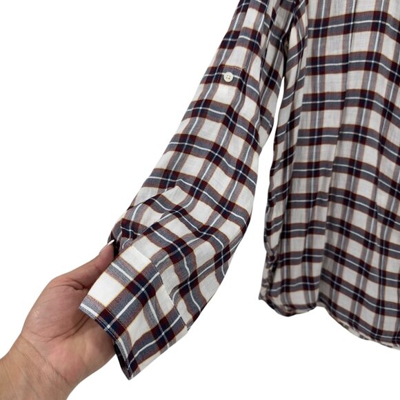 LOFT Outlet Pullover Plaid Long-Sleeve Rayon Blouse SZ L White & Multicolor - Picture 8 of 10